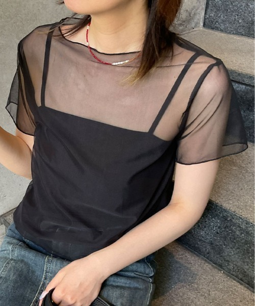 kirakiraShop(キラキラショップ)の「【2点セット】キャミソール付き シアー 半袖 トップス(Tシャツ/カットソー・レディース・ブラック/ホワイト/グレー・FREE)」の1枚目の写真
