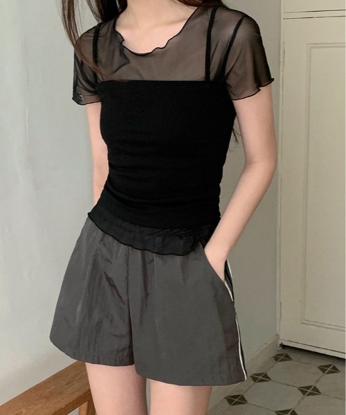 kirakiraShop(キラキラショップ)の「【2点セット】キャミソール付き シアー 半袖 トップス(Tシャツ/カットソー・レディース・ブラック/ホワイト/グレー・FREE)」の4枚目の写真