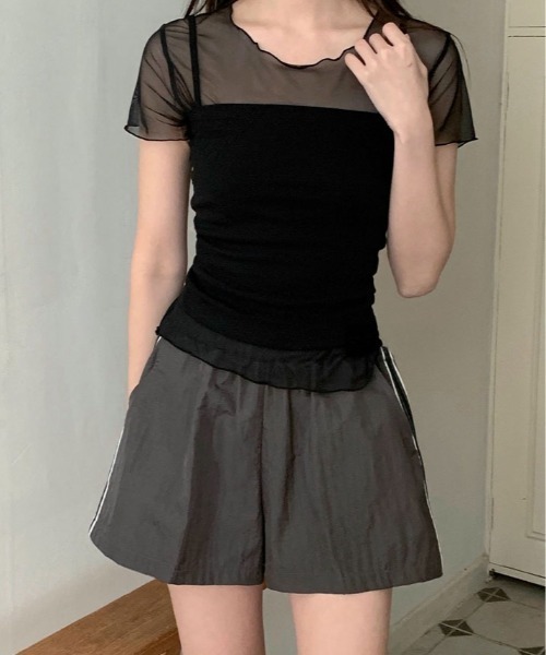kirakiraShop(キラキラショップ)の「【2点セット】キャミソール付き シアー 半袖 トップス(Tシャツ/カットソー・レディース・ブラック/ホワイト/グレー・FREE)」の5枚目の写真