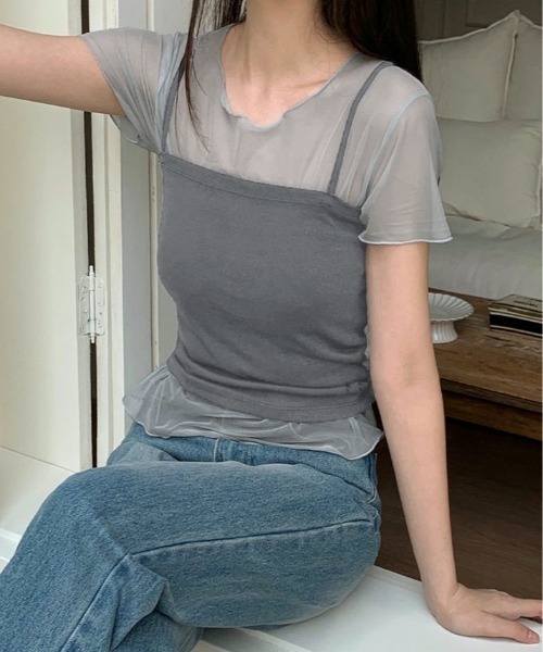 kirakiraShop(キラキラショップ)の「【2点セット】キャミソール付き シアー 半袖 トップス(Tシャツ/カットソー・レディース・ブラック/ホワイト/グレー・FREE)」の6枚目の写真