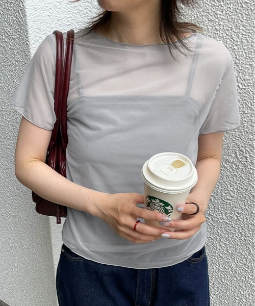 kirakiraShop(キラキラショップ)の「【2点セット】キャミソール付き シアー 半袖 トップス(Tシャツ/カットソー・レディース・ブラック/ホワイト/グレー・FREE)」の7枚目の写真