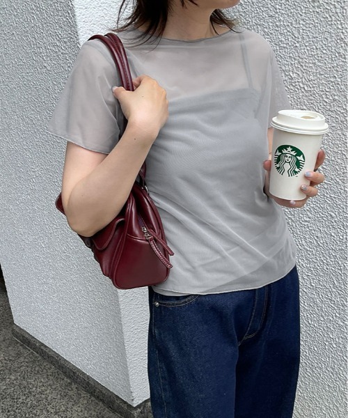 kirakiraShop(キラキラショップ)の「【2点セット】キャミソール付き シアー 半袖 トップス(Tシャツ/カットソー・レディース・ブラック/ホワイト/グレー・FREE)」の8枚目の写真