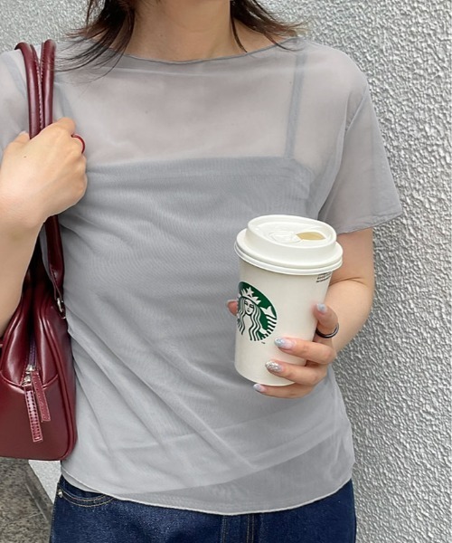 kirakiraShop(キラキラショップ)の「【2点セット】キャミソール付き シアー 半袖 トップス(Tシャツ/カットソー・レディース・ブラック/ホワイト/グレー・FREE)」の9枚目の写真
