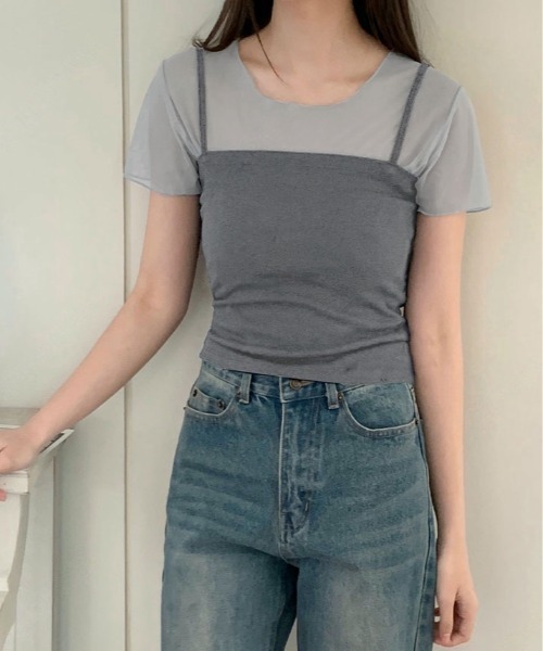 kirakiraShop(キラキラショップ)の「【2点セット】キャミソール付き シアー 半袖 トップス(Tシャツ/カットソー・レディース・ブラック/ホワイト/グレー・FREE)」の10枚目の写真