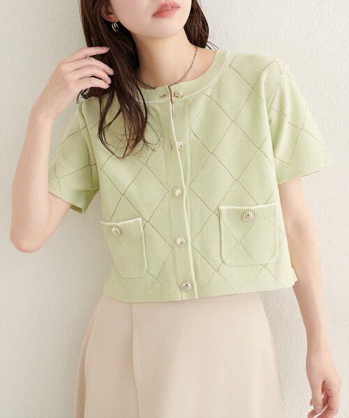 natural couture（ナチュラルクチュール）の「ダイヤ柄透かし配色カーディガン（カーディガン/ボレロ・レディース・ベージュ/ミント/ブラック/オフホワイト・FREE）」の13枚目の写真