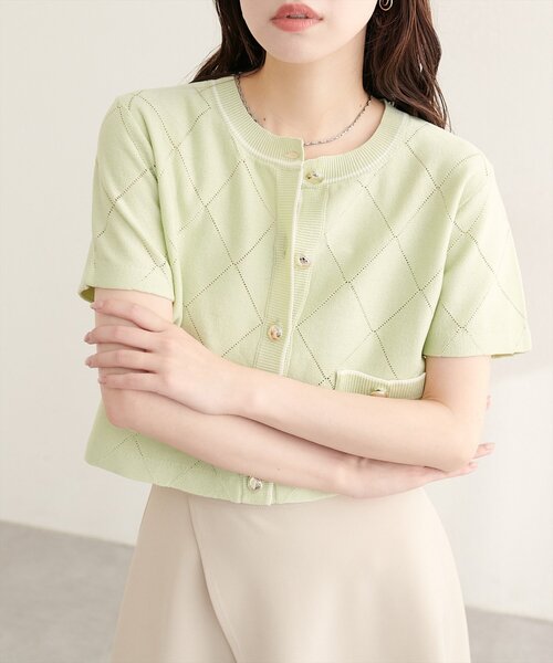 natural couture（ナチュラルクチュール）の「ダイヤ柄透かし配色カーディガン（カーディガン/ボレロ・レディース・ベージュ/ミント/ブラック/オフホワイト・FREE）」の14枚目の写真