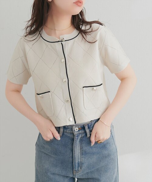 natural couture（ナチュラルクチュール）の「ダイヤ柄透かし配色カーディガン（カーディガン/ボレロ・レディース・ベージュ/ミント/ブラック/オフホワイト・FREE）」の19枚目の写真