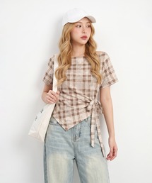 HOOK for girls オフショルダー アシメヘム チェックトップス (SS)