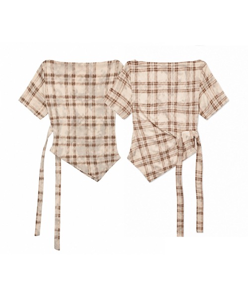 HOOK(フック)の「HOOK for girls オフショルダー アシメヘム チェックトップス (SS)(その他トップス・レディース・ベージュ/グレー・FREE)」の4枚目の写真