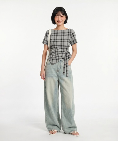 HOOK(フック)の「HOOK for girls オフショルダー アシメヘム チェックトップス (SS)(その他トップス・レディース・ベージュ/グレー・FREE)」の14枚目の写真