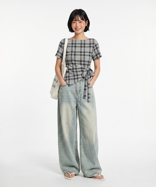 HOOK(フック)の「HOOK for girls オフショルダー アシメヘム チェックトップス (SS)(その他トップス・レディース・ベージュ/グレー・FREE)」の17枚目の写真