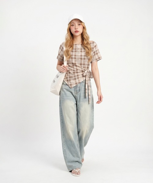 HOOK(フック)の「HOOK for girls オフショルダー アシメヘム チェックトップス (SS)(その他トップス・レディース・ベージュ/グレー・FREE)」の7枚目の写真
