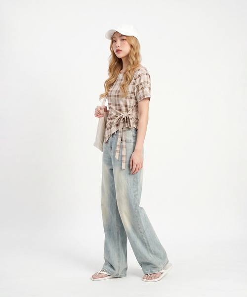 HOOK(フック)の「HOOK for girls オフショルダー アシメヘム チェックトップス (SS)(その他トップス・レディース・ベージュ/グレー・FREE)」の6枚目の写真