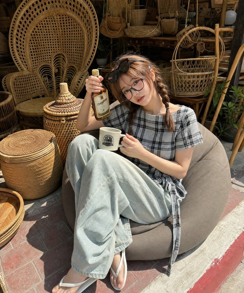 HOOK(フック)の「HOOK for girls オフショルダー アシメヘム チェックトップス (SS)(その他トップス・レディース・ベージュ/グレー・FREE)」の12枚目の写真