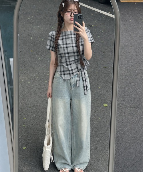 HOOK(フック)の「HOOK for girls オフショルダー アシメヘム チェックトップス (SS)(その他トップス・レディース・ベージュ/グレー・FREE)」の13枚目の写真