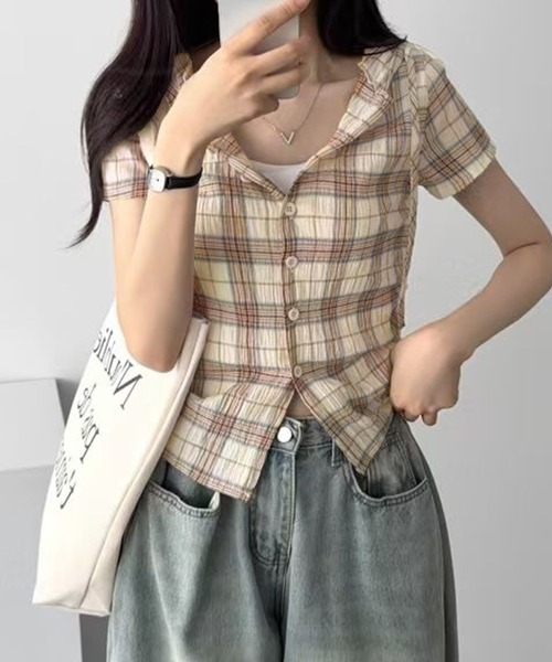 semuse（セミューズ）の「シアーチェック柄サイドシャーリングフードシャツ（シャツ/ブラウス・レディース・ライトベージュ/グリーン/ネイビー・FREE）」の3枚目の写真