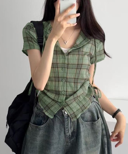 semuse（セミューズ）の「シアーチェック柄サイドシャーリングフードシャツ（シャツ/ブラウス・レディース・ライトベージュ/グリーン/ネイビー・FREE）」の15枚目の写真