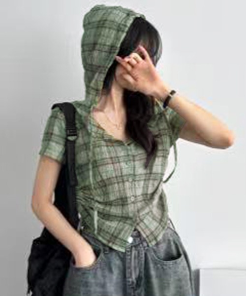 semuse（セミューズ）の「シアーチェック柄サイドシャーリングフードシャツ（シャツ/ブラウス・レディース・ライトベージュ/グリーン/ネイビー・FREE）」の14枚目の写真