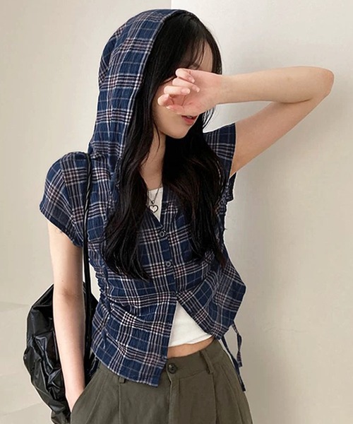 semuse（セミューズ）の「シアーチェック柄サイドシャーリングフードシャツ（シャツ/ブラウス・レディース・ライトベージュ/グリーン/ネイビー・FREE）」の11枚目の写真