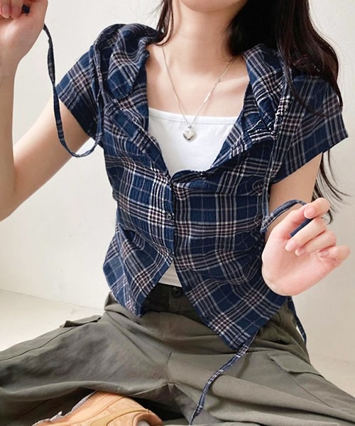 semuse（セミューズ）の「シアーチェック柄サイドシャーリングフードシャツ（シャツ/ブラウス・レディース・ライトベージュ/グリーン/ネイビー・FREE）」の9枚目の写真