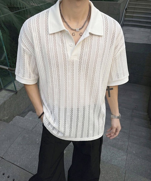 neos(ネオス)の「【neos】透かし メッシュ シアー ポロシャツ ルーズシルエット ユニセックス メンズ レディース(ポロシャツ・メンズ・ブラック/ホワイト・X-LARGE/MEDIUM/LARGE)」の5枚目の写真
