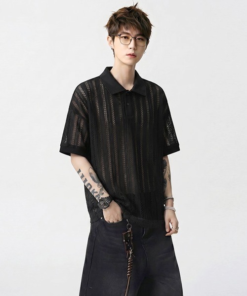neos(ネオス)の「【neos】透かし メッシュ シアー ポロシャツ ルーズシルエット ユニセックス メンズ レディース(ポロシャツ・メンズ・ブラック/ホワイト・X-LARGE/MEDIUM/LARGE)」の8枚目の写真
