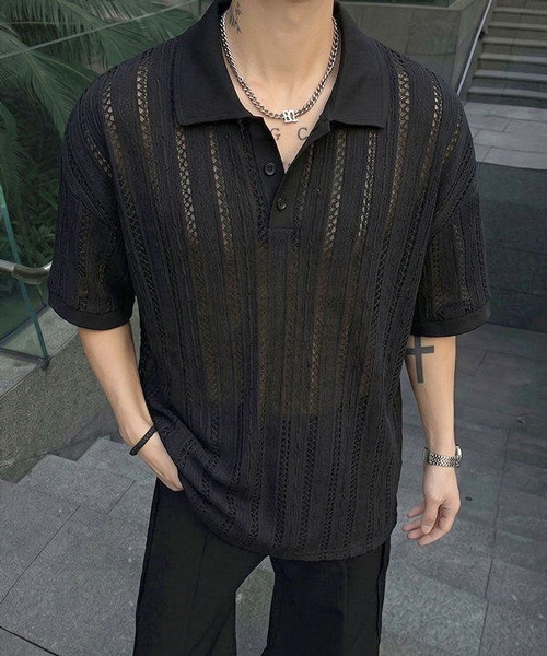 neos(ネオス)の「【neos】透かし メッシュ シアー ポロシャツ ルーズシルエット ユニセックス メンズ レディース(ポロシャツ・メンズ・ブラック/ホワイト・X-LARGE/MEDIUM/LARGE)」の10枚目の写真