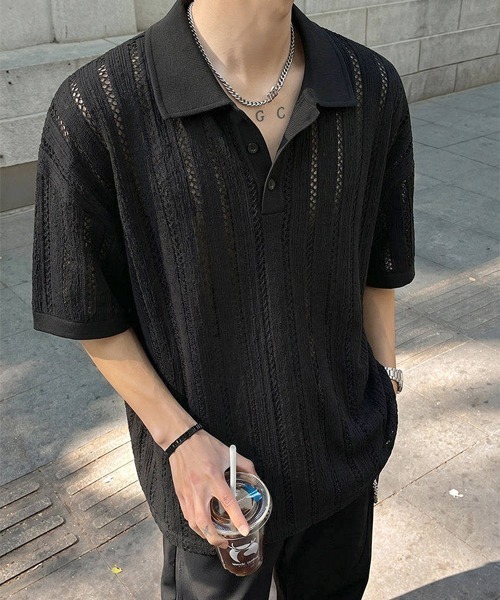neos(ネオス)の「【neos】透かし メッシュ シアー ポロシャツ ルーズシルエット ユニセックス メンズ レディース(ポロシャツ・メンズ・ブラック/ホワイト・X-LARGE/MEDIUM/LARGE)」の11枚目の写真