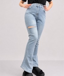 サイドカットアウト レースアップフレアデニムパンツ
