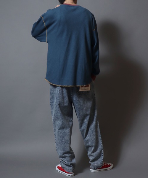 ANPAS(アンパス)の「Chemical-Washed Denim Chef Pants / ケミカルウォッシュデニム シェフパンツ ワイドテーパードパンツ ウエストゴム 前閉じ メンズ レディース ユニセックス ボトムス イージーパンツ 綿 コットン(デニムパンツ・メンズ・ブルー/ブラック・M/L/XL)」の17枚目の写真