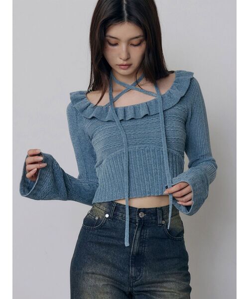 MURUA（ムルーア）の「フリルレースニットトップス　秋服　冬服（ニット/セーター・レディース・ホワイト/ブラック/ブルー・FREE）」の3枚目の写真