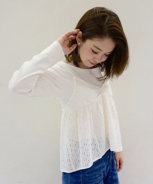 Chico(チコ)の「テレコプルオーバー&キャミソールセット(Tシャツ/カットソー・レディース・アイボリー/モスグリーン/ネイビー/ピンクベージュ・FREE)」の2枚目の写真