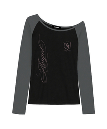 エンブレム ワンショルダーラグラン長袖トップス (GRAY BLACK)