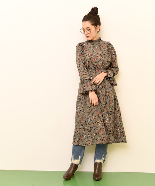 Coca コカ の ハイネックレトロ花柄フレアワンピース ワンピース Wear