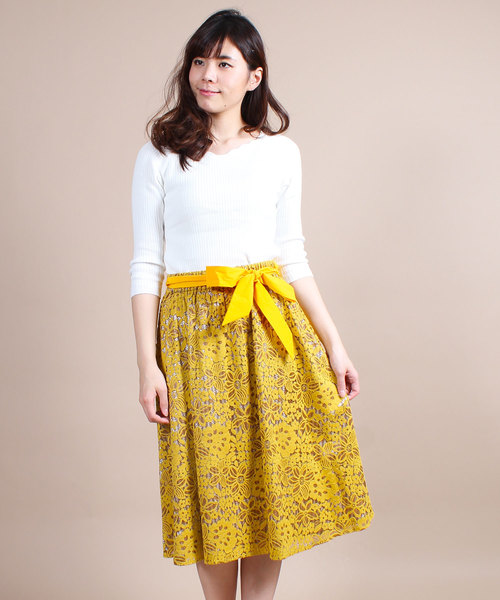 12Twelve Agenda（トゥエルブ　アジェンダ）の「レース×ストライプフレアスカート（スカート・レディース・ベージュ/ネイビー/イエロー・M）」の9枚目の写真