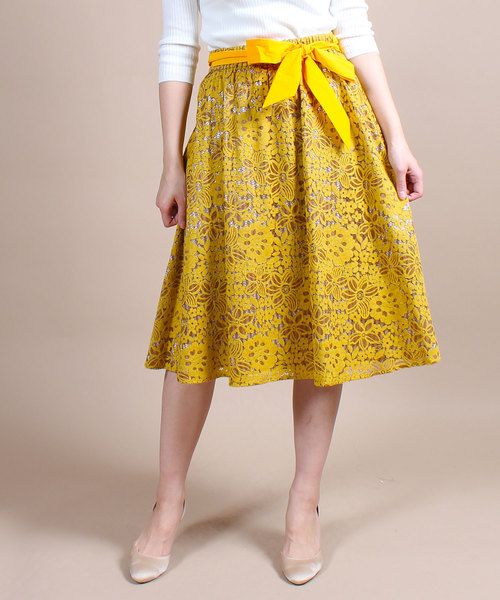 12Twelve Agenda（トゥエルブ　アジェンダ）の「レース×ストライプフレアスカート（スカート・レディース・ベージュ/ネイビー/イエロー・M）」の6枚目の写真