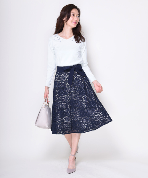 12Twelve Agenda（トゥエルブ　アジェンダ）の「レース×ストライプフレアスカート（スカート・レディース・ベージュ/ネイビー/イエロー・M）」の11枚目の写真