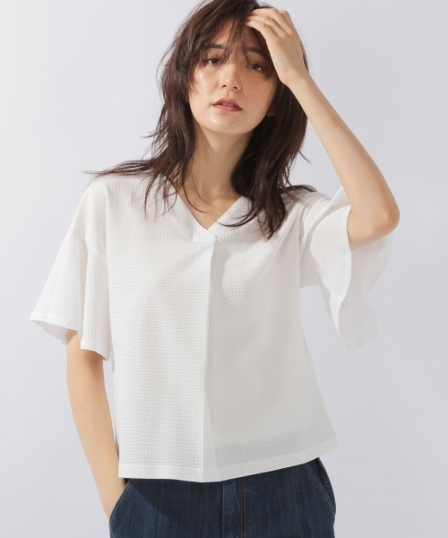 laboratory work(ラボラトリーワーク)の「サッカーストライプ袖フレア プルオーバー(Tシャツ/カットソー・レディース・ホワイト/サックスブルー/オレンジ・MEDIUM)」の2枚目の写真