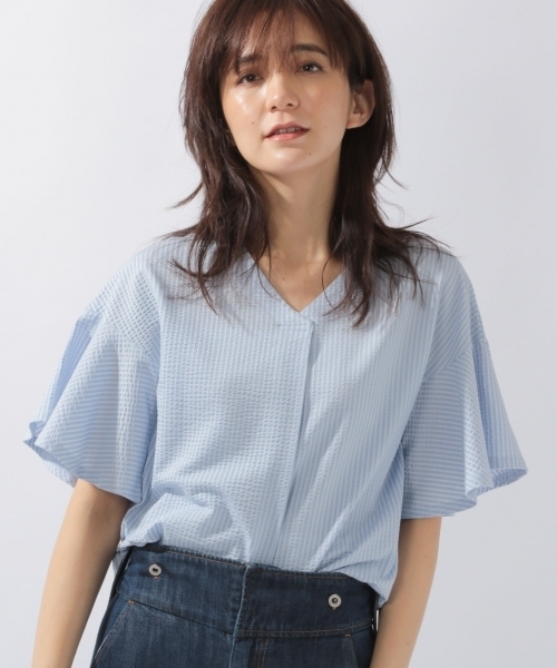 laboratory work(ラボラトリーワーク)の「サッカーストライプ袖フレア プルオーバー(Tシャツ/カットソー・レディース・ホワイト/サックスブルー/オレンジ・MEDIUM)」の1枚目の写真