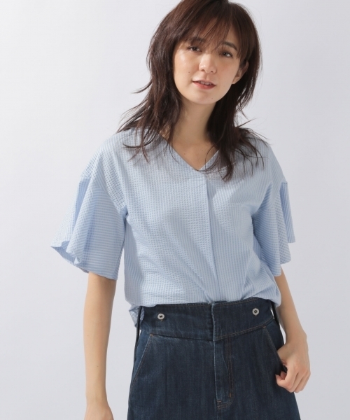 laboratory work(ラボラトリーワーク)の「サッカーストライプ袖フレア プルオーバー(Tシャツ/カットソー・レディース・ホワイト/サックスブルー/オレンジ・MEDIUM)」の6枚目の写真