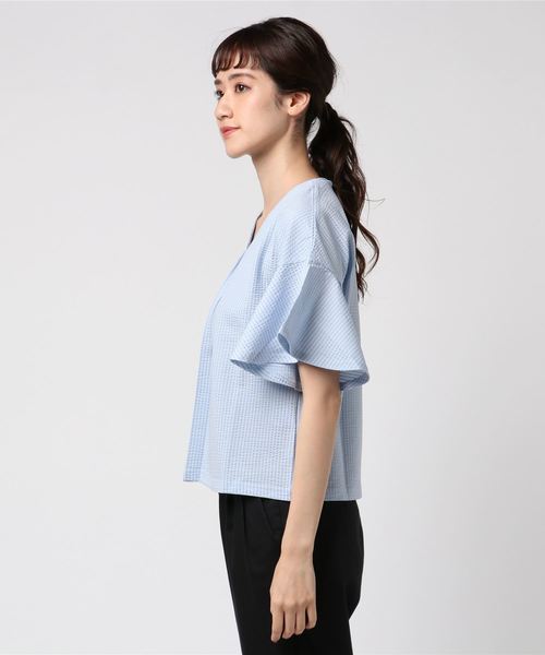 laboratory work(ラボラトリーワーク)の「サッカーストライプ袖フレア プルオーバー(Tシャツ/カットソー・レディース・ホワイト/サックスブルー/オレンジ・MEDIUM)」の4枚目の写真