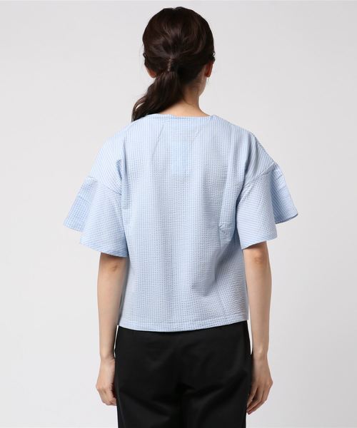 laboratory work(ラボラトリーワーク)の「サッカーストライプ袖フレア プルオーバー(Tシャツ/カットソー・レディース・ホワイト/サックスブルー/オレンジ・MEDIUM)」の5枚目の写真
