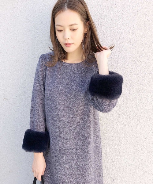 PICCIN（ピッチン）の「ファーカフス付きニットツイードワンピース（ワンピース・レディース・ブラック/ベージュ/ネイビー・MEDIUM）」の9枚目の写真