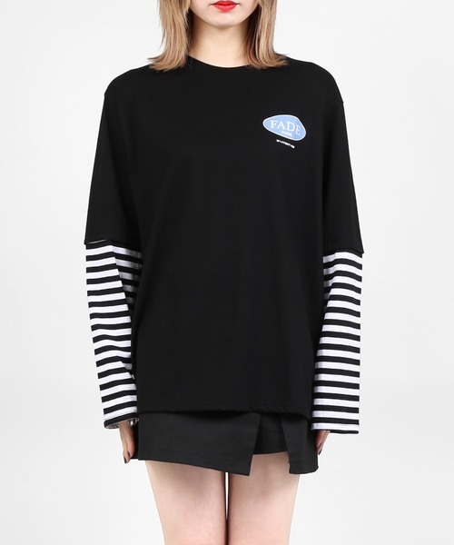 DING（ディング）の「DING/フェイクレイヤードロングTシャツ（Tシャツ/カットソー・レディース・ブルー/ホワイト/ブラック・FREE）」の11枚目の写真