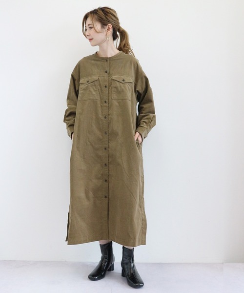 AMERICAN HOLIC(アメリカンホリック)の「ノーカラーコールテンシャツワンピース *●(ワンピース・レディース・ベージュ/ネイビー/ブラウン/キャメル・FREE)」の7枚目の写真