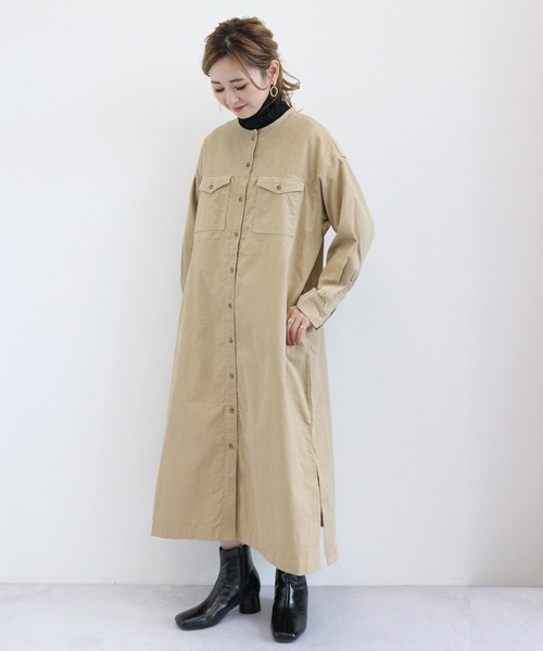 AMERICAN HOLIC(アメリカンホリック)の「ノーカラーコールテンシャツワンピース *●(ワンピース・レディース・ベージュ/ネイビー/ブラウン/キャメル・FREE)」の5枚目の写真