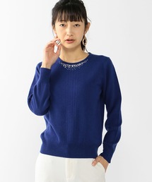 ビジュー付クルーネックカシミアウールニットプルオーバー
