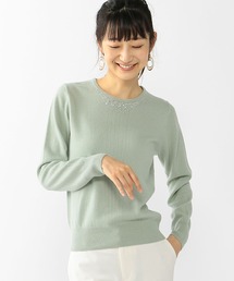 ビジュー付クルーネックカシミアウールニットプルオーバー