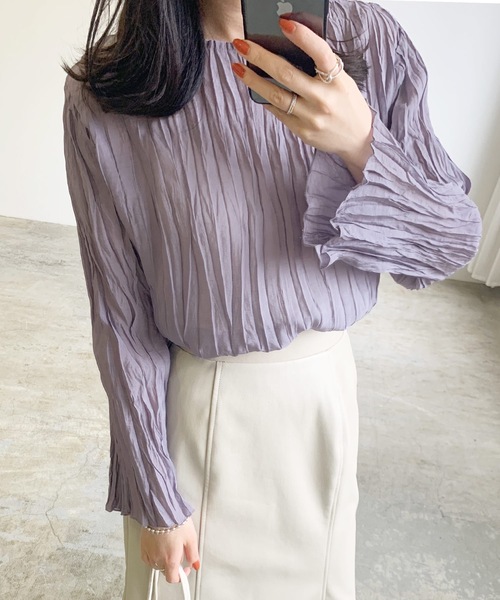 LIAN（リアン）の「シアークリンクルブラウス（シャツ/ブラウス・レディース・ブラック/オレンジ/モカ/パープル/オフホワイト・FREE）」の5枚目の写真