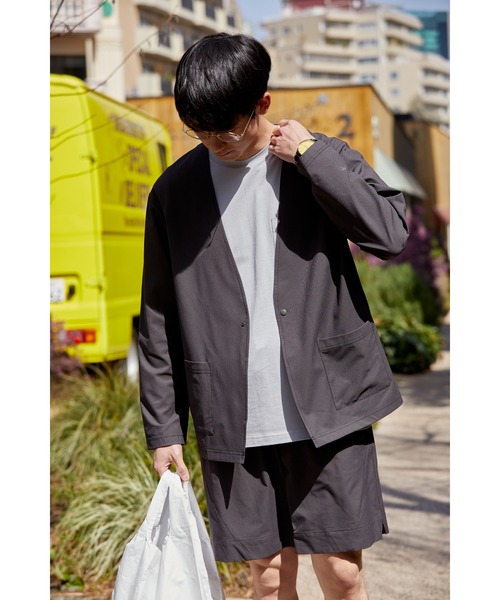 NAVY(ネイビー)の「マジかる ストレッチカーデジャケット(ノーカラージャケット・メンズ・ブラック/グレー/カーキ・M/L/XL)」の6枚目の写真